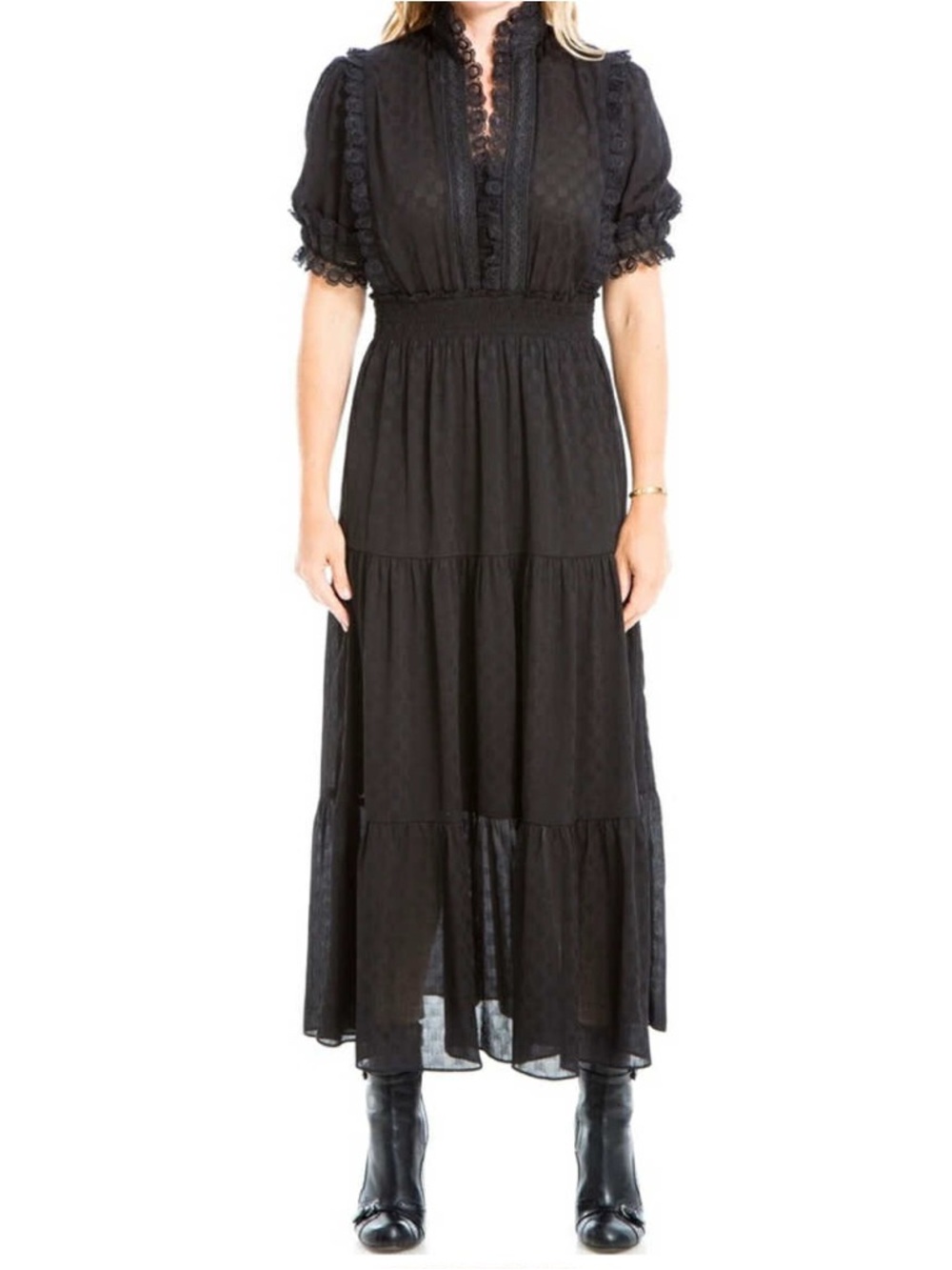 MAX STUDIO Black Tiered Maxi Dress with Puff Sleeves